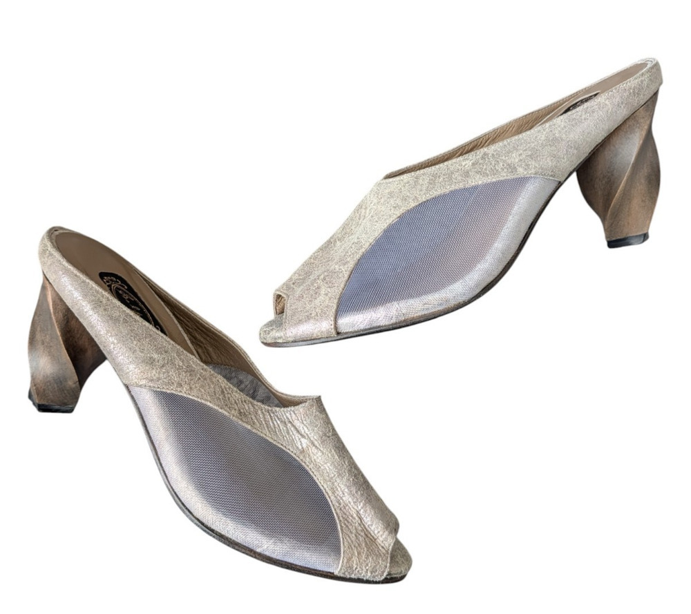 Salpy Pewter Metallic Gray Leather Slip On Peep Toe Mesh Heels Size 7.5 Handmade